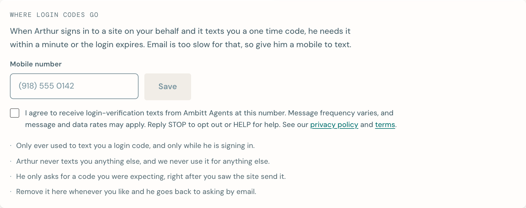 The consent card in the Ambitt Agents client portal: an empty mobile number field, and an UNCHECKED consent checkbox reading 'I agree to receive login-verification texts from Ambitt Agents at this number. Message frequency varies, and message and data rates may apply. Reply STOP to opt out or HELP for help.'