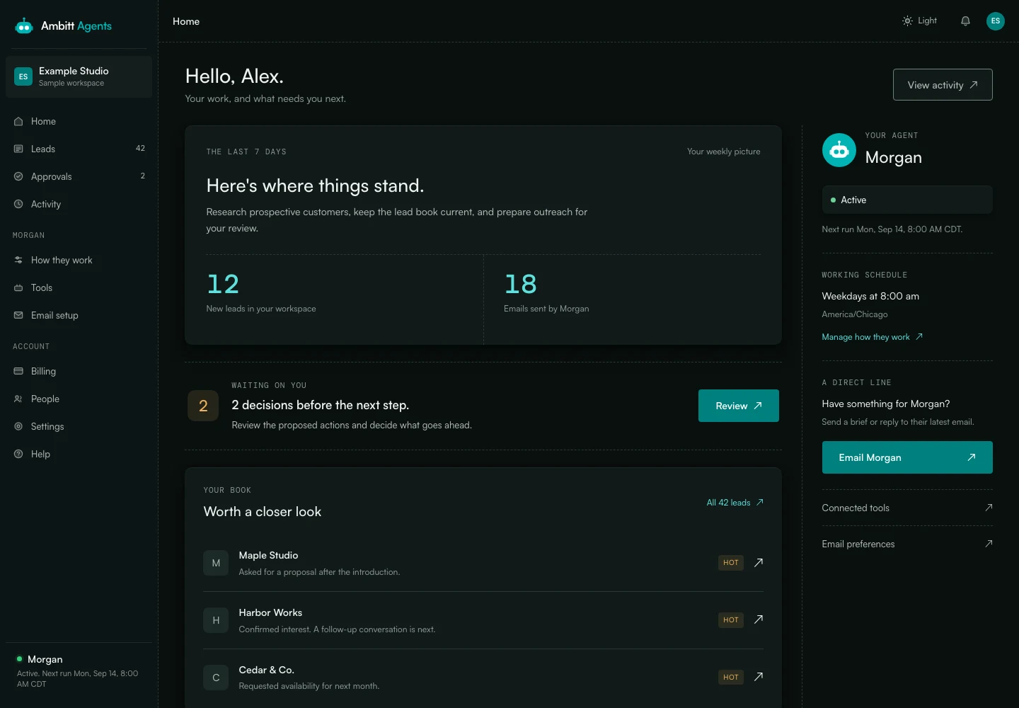 The current Ambitt portal: weekly overview, pending decisions and agent details, with fictional data