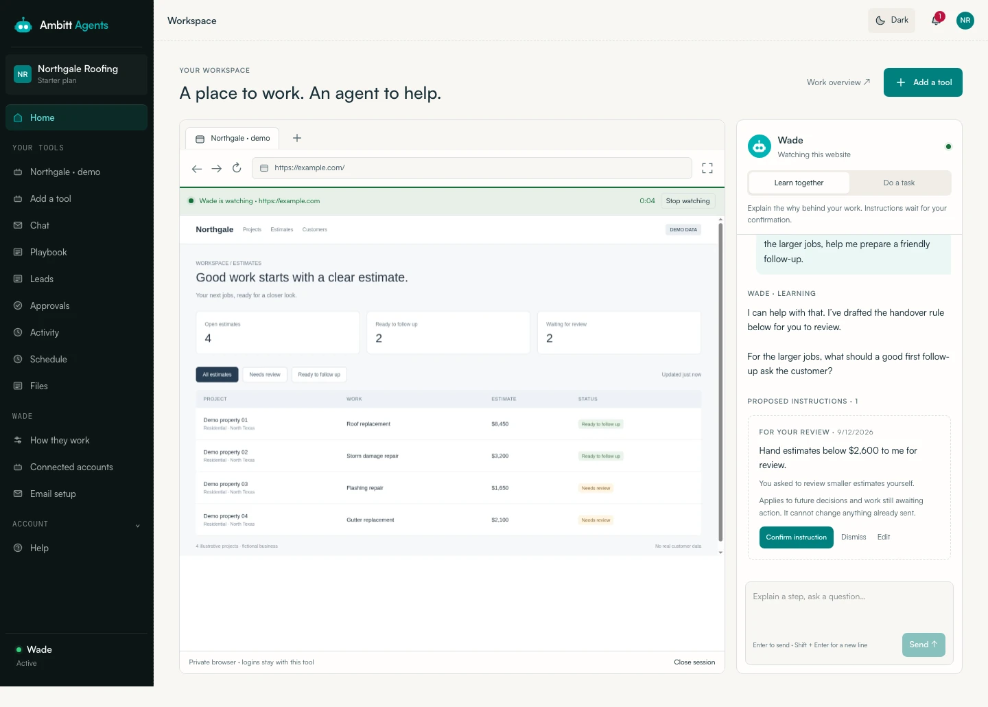 The Ambitt browser and agent chat workspace in light mode with fictional Northgale estimates
